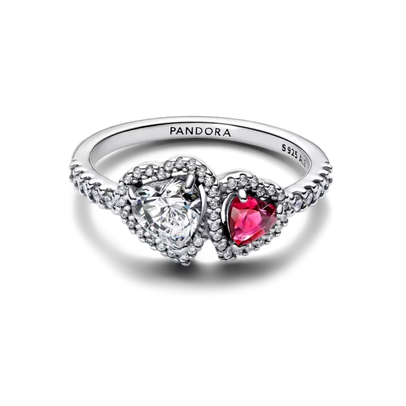 Hearts sterling silver ring with cherries jubilee red crystal and clear cubic zi